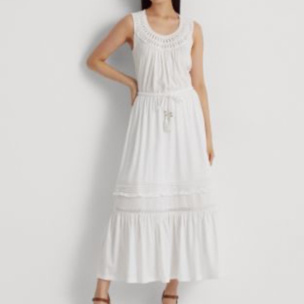 Lauren Ralph Lauren Sz 12 White Crocheted Jersey Maxi Dress • NWT!